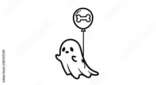 Whimsical ghost illustration with a bone balloon for Halloween celebrations and designs