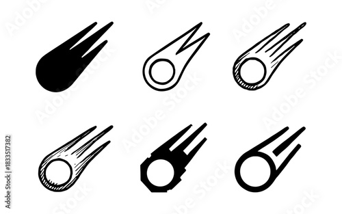 Comet designs: diverse styles of meteor illustrations in simple black and white