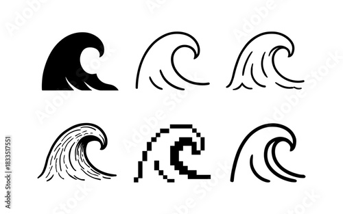 Variety of wave icons in diverse flat and linear styles for design projects