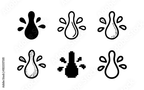 Diverse styles of water drop icons: pixel, sketch, and solid variations
