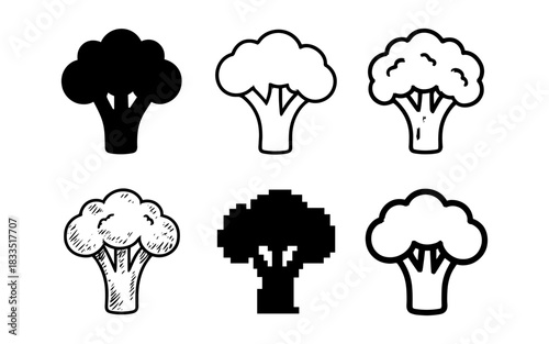 Creative broccoli design set: silhouette, hand drawn, pixel, and line art styles