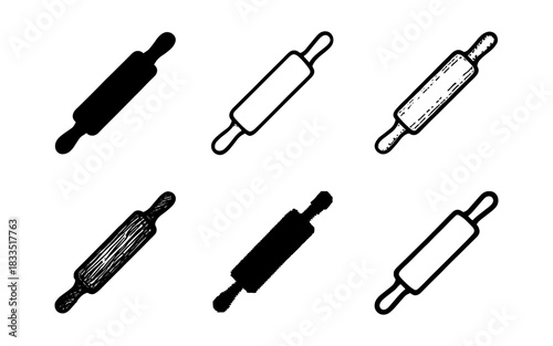 Collection of rolling pin icons: silhouette, sketch, and outline styles for baking projects