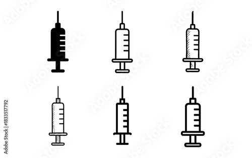 Minimalistic syringe icons in various artistic styles for medical themes