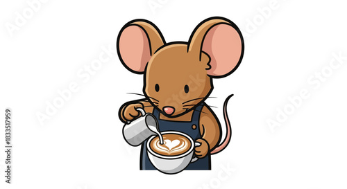 A cute cartoon mouse barista pouring latte art into a coffee cup illustration