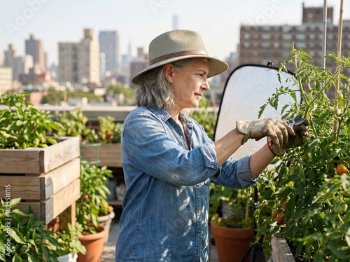 Focused senior woman pruning tomato plant in urban rooftop garden with city skyline