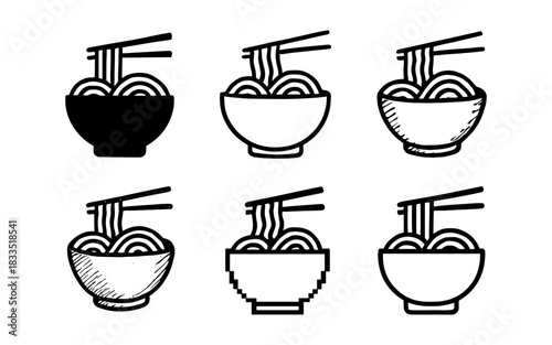 Variety of ramen bowl designs with diverse styles of noodle illustrations