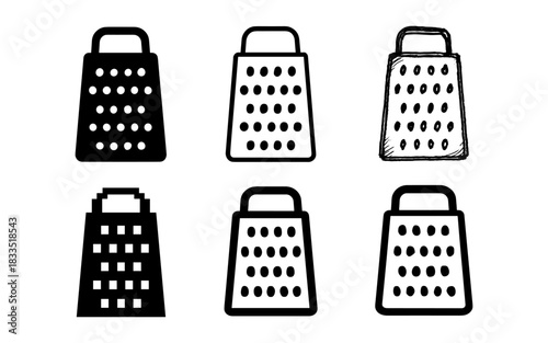 Diverse grater designs: six unique kitchen utensil styles in black and white artwork