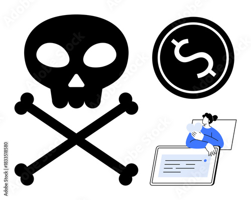 Digital piracy concept. A skull, dollar sign, and a user interacting with a tablet digital piracy. Digital piracy affects finances, copyright, and online security. For cybersecurity, finance
