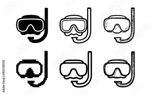 Diverse styles of scuba diving masks and snorkels: minimal, pixel, sketch, and solid designs