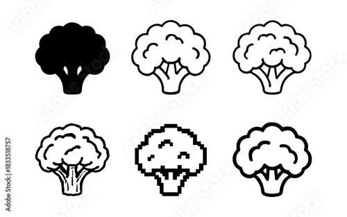 Variety of broccoli designs in silhouette, outline, and pixel art styles
