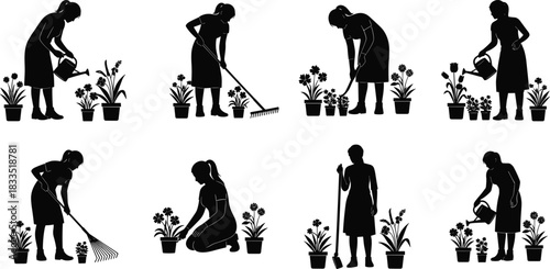 Woman gardening silhouettes, plant care illustrations, garden work icons, watering flowers graphics, outdoor hobby artwork, floral maintenance scenes, gardening activity design