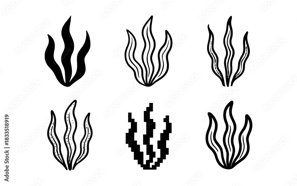 Fototapeta premium Stylized seaweed set: silhouette, outline, pixel variations for modern designs