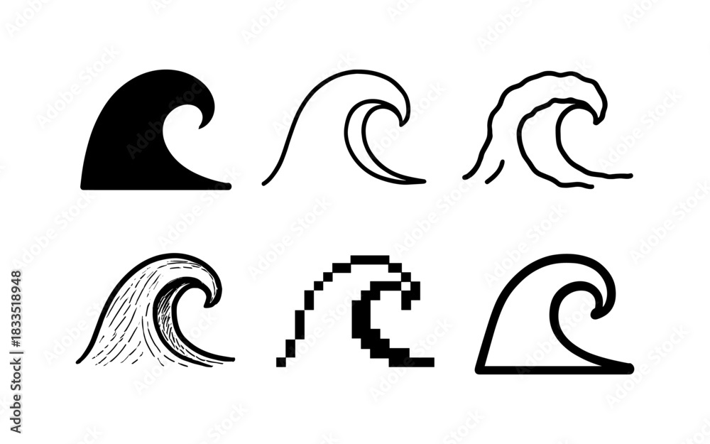 Fototapeta premium Stylized wave icons set featuring diverse artistic styles