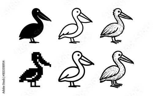 Evolution of pelican art styles: from silhouette to detailed sketch