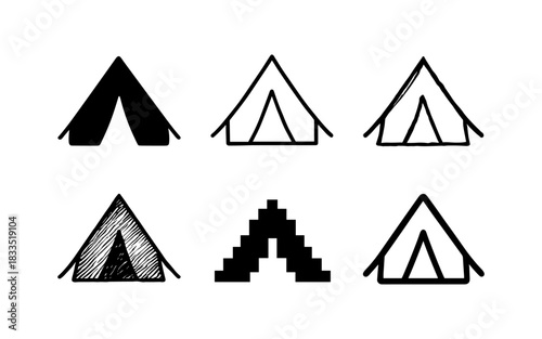 Set of six tent icons in diverse styles including silhouette and linear designs