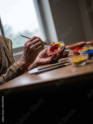 Elderly woman hands painting traditional clay diya lantern for cultural festival