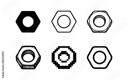 Hex nut icon set in various styles: silhouette, pixel, and sketch variations