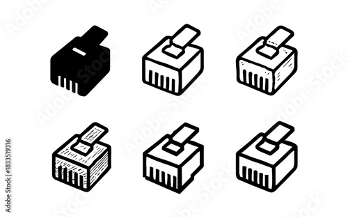 Set of ethernet port icons in various styles including sketch and outline