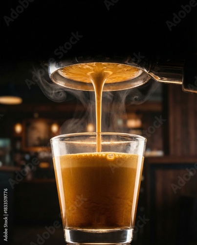 Fresh hot espresso pouring into glass cup with rich crema in dark cafe