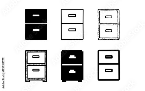 Collection of office filing cabinets in various sketch and outline styles