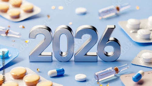 2026 pharmaceutical greeting card with pills, capsules, and vaccines on blue background.