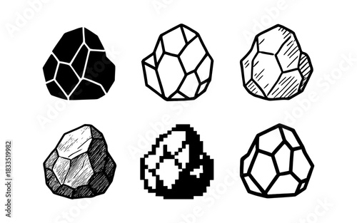 Diverse rock styles in black and white: geometric, hand drawn, pixel art, and more