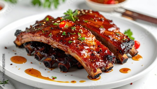 A mouthwatering image showcases succulent, glazed ribs on a pristine white plate, a culinary delight ready to be savored.