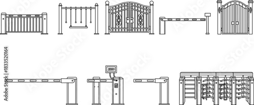 Collection of security gates, fences, swing barriers, automatic boom barriers and turnstile access control icons in clean detailed line illustration set