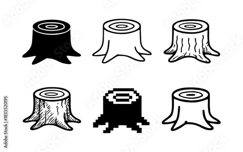 Stylized tree stump icons: flat, linear, pixel art variations