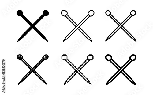 Set of crossed knitting needles icons in various styles