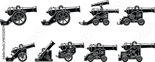Vintage cannon illustration set, antique artillery weapons on wheels, historical military cannons for warfare themes, battle equipment, detailed vector design