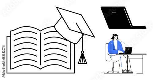 Online education theme. Online education facilitated through laptops and digital resources. Online education advancing remote learning and academic growth. For e-learning, virtual classrooms, digital