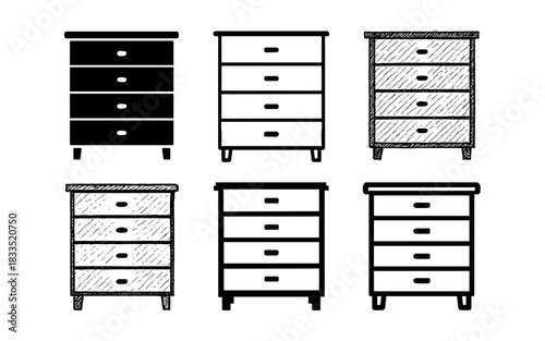 Set of six drawer sketches in minimalist and hand-drawn styles