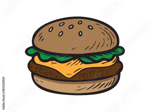 Hand-drawn cheeseburger illustration with sesame bun, melted cheese, lettuce and patty, vintage comic doodle style for fast food menus.