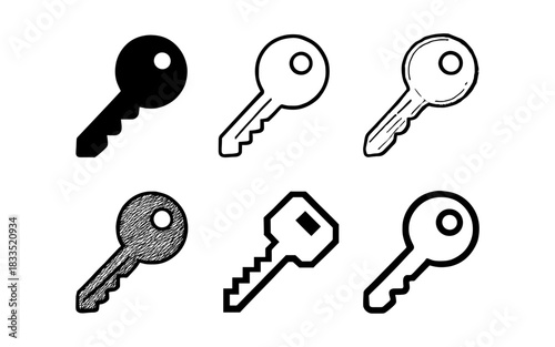 Set of six unique key designs in various artistic styles on white background