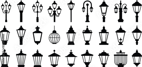 Street lamp silhouette set, black vector icons, classic and modern lantern styles, urban lighting design grid, architectural reference