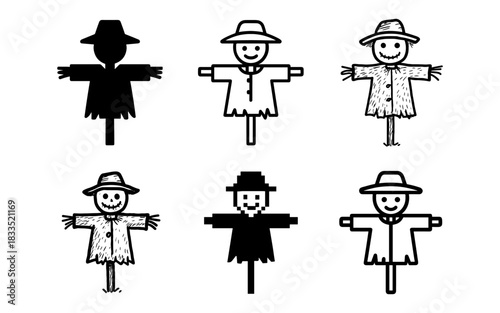 Set of six scarecrow designs in black and white style