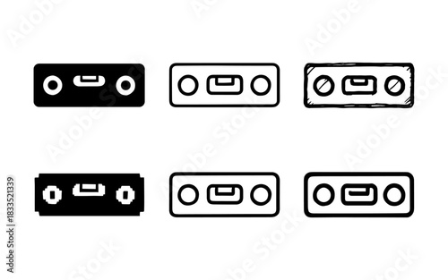 Retro cassette tape icons in minimalistic black and white styles