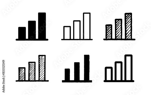 Black and white hand-drawn bar chart variations in grid layout