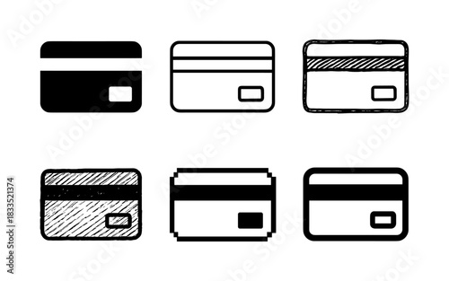 Diverse credit card icons in mixed styles: solid, sketch, pixel art, and outline variations