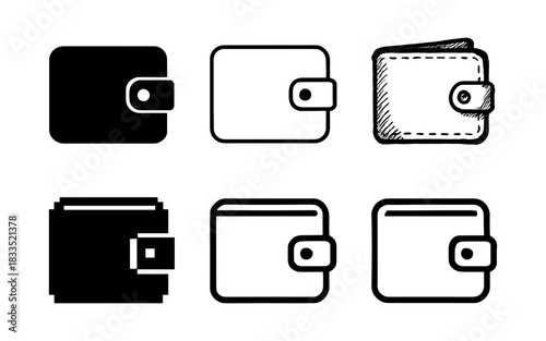 Diverse wallet icons: silhouette, linear, and doodle styles for finance and fashion design