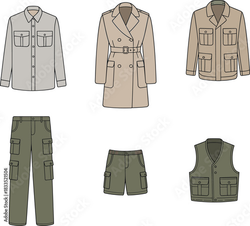 Utility clothing illustration set, stylized fashion grid, trench coat, cargo pants, button-up shirt, vest and shorts vector