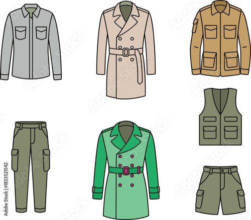 Utility fashion illustration set, trench coats, cargo pants, button-up shirt, stylized outerwear vector, functional clothing design grid