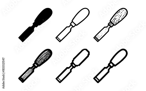 Set of six chisel icons in various styles: silhouette, outline, etched, woodworking tool collection