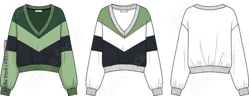 Women’s chevron sweater sketch, V-neck long sleeve design, front and back views, color-block fashion vector, casual loose fit
