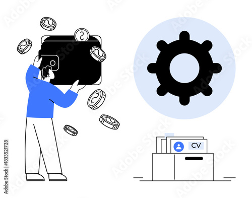 Financial management concept. Financial elements thumbs up wallet, coins, and gear for efficient career planning and job sourcing. Financial techniques for career growth. Perfect for business
