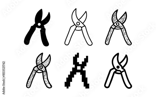 Stylized pruning shears set: silhouette, pixel, sketch, linear variations