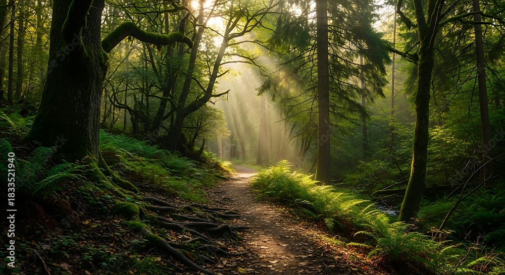 Obraz premium Sunlit Path Through a Lush Green Forest with Towering Trees.