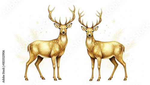 Golden Watercolor Deer Pair Illustration, Elegant Woodland Stag Duo, Christmas Forest Wildlife Art
