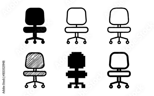 Collection of office chair icons in various artistic styles
